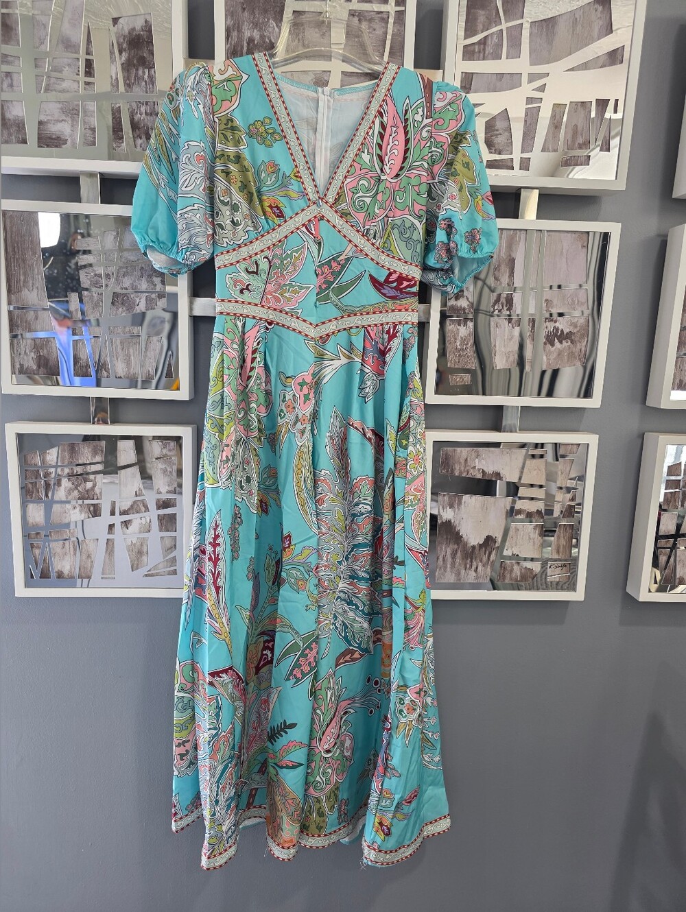 Turquoise Floral Paisley V-Neck Long Dress